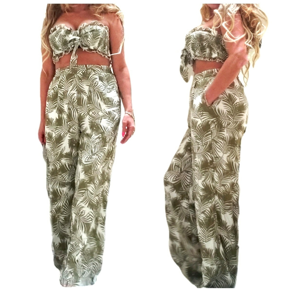 2 Piece Tropical Beach Wide Leg High Waist Pants & Bandeau Tie Tube Top